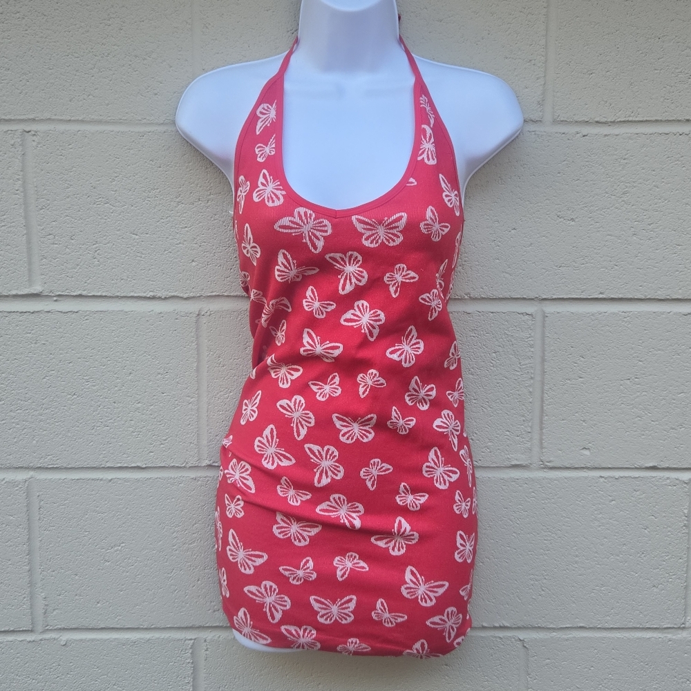NWOT- Mini- Bodycon- Halter- Dress- Red with White- Butterflies- Stretch- Small